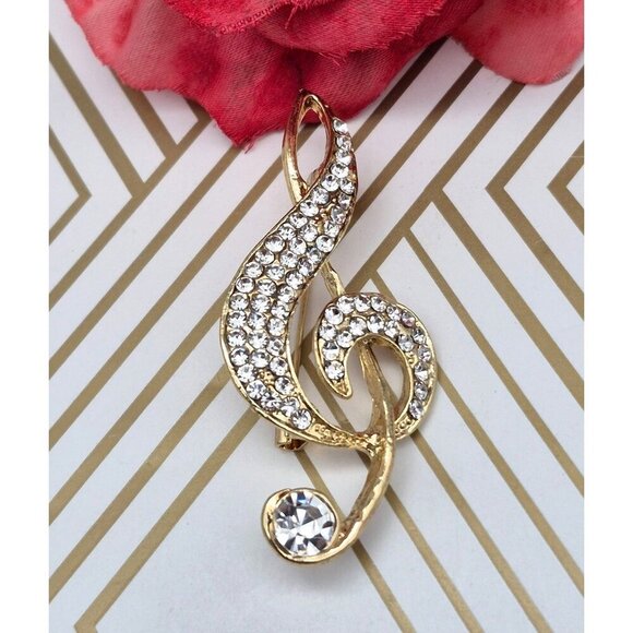 Beautiful Gold Tone & Crystal Paved Music Note Brooch Pin 2.25" Musician's Gift - Picture 1 of 5